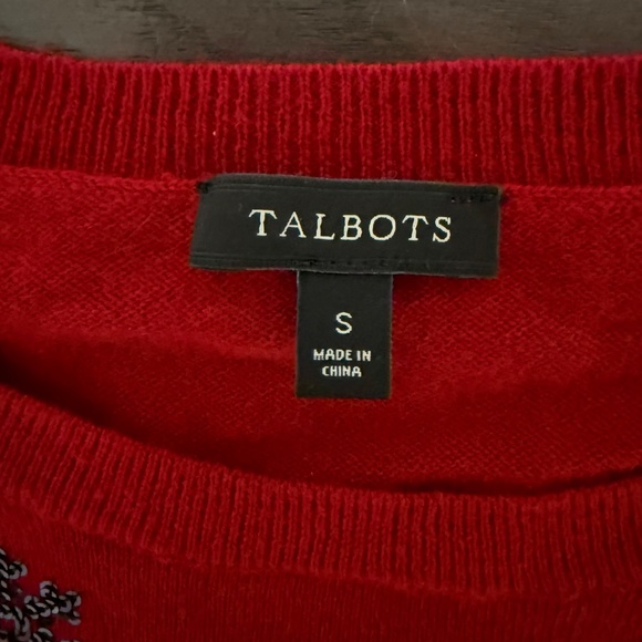 Talbots Lambswool Blend Snowflake Sequin Sweater Pullover Red 3/4 Sleeves Size S - Picture 6 of 7